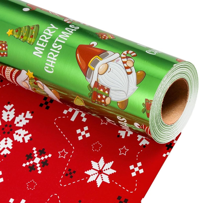 Retrify Christmas Wrapping Paper - 17 Inch x 32.8 Feet Mini Roll - Cute Gnome Snowflake Green Gift Wrap Paper for Holiday Shower Party Celebration - Image 1